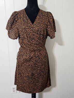 Madewell Leopard Wrap Dress XL Brown Animal Print Cotton Puff Sleeve Mini